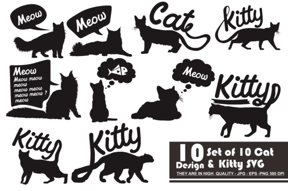 Set of 10 Design Meow Cat Kitty SVG